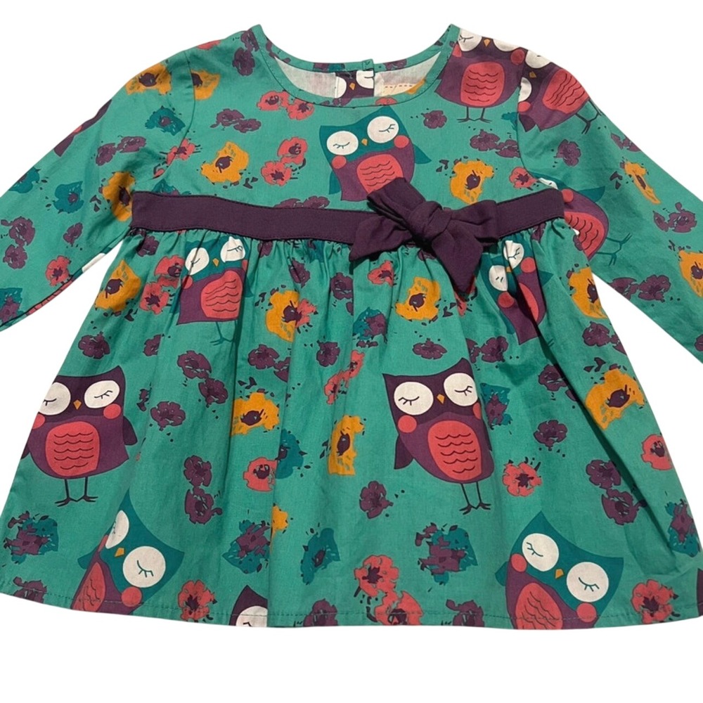 Y2K Toffee Apple Girls Teal Owl Floral Cotton Dress Long Sleeve Bow 18 months